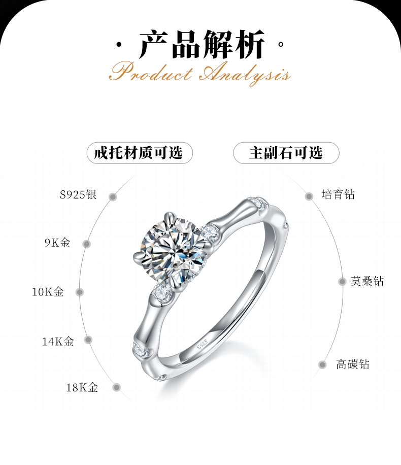 竹节臂四爪女戒S925银镀白金定制选款主石莫桑钻1.0ct/副石高碳钻 - 2