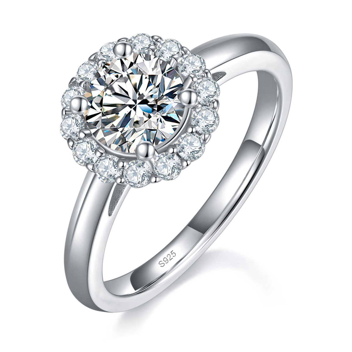 光臂圆包女戒S925银镀白金定制选款主石莫桑钻1.0ct/副石高碳钻