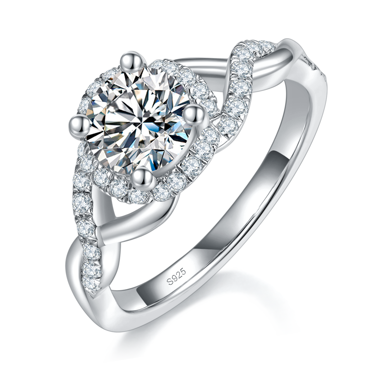 扭臂圆包女戒S925银镀白金定制选款主石莫桑钻1.0ct/副石高碳钻