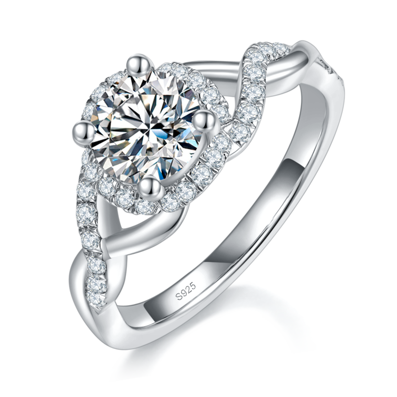 扭臂圆包Women's RingS925银镀白金定制选款主石Moissanite1.0ct/副石高碳钻