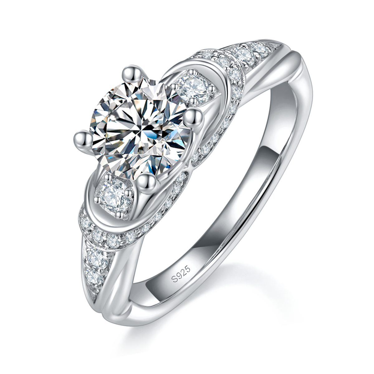 轻奢四爪女戒S925银镀白金定制选款主石莫桑钻1.0ct/副石高碳钻