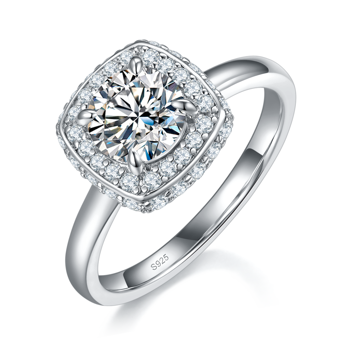 光臂方包女戒S925银镀白金定制选款主石莫桑钻1.0ct/副石高碳钻