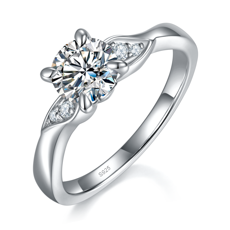 Fashion四爪Women's RingS925银镀白金定制选款主石Moissanite1.0ct/副石高碳钻