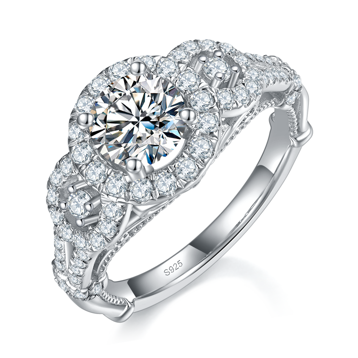 Y-shaped Light Luxury Round Bag Women's Ring S925 Silver Plated Platinum Customized Selection Main Stone Moissanite 1.0ct/Side Stone Cubic Zirconia