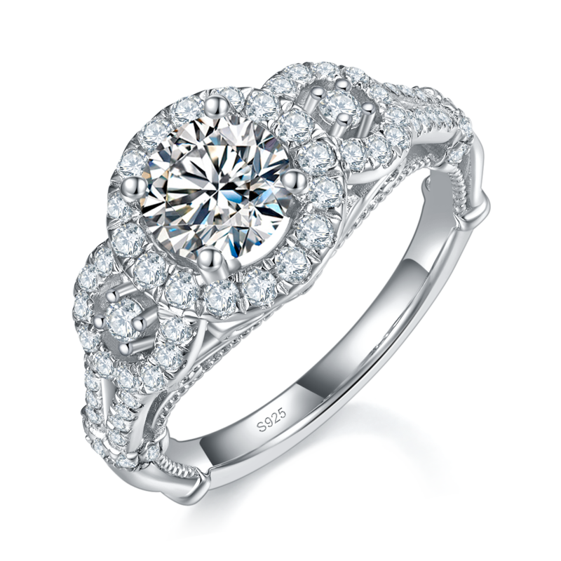 Y臂轻奢圆包女戒S925银镀白金定制选款主石莫桑钻1.0ct/副石高碳钻
