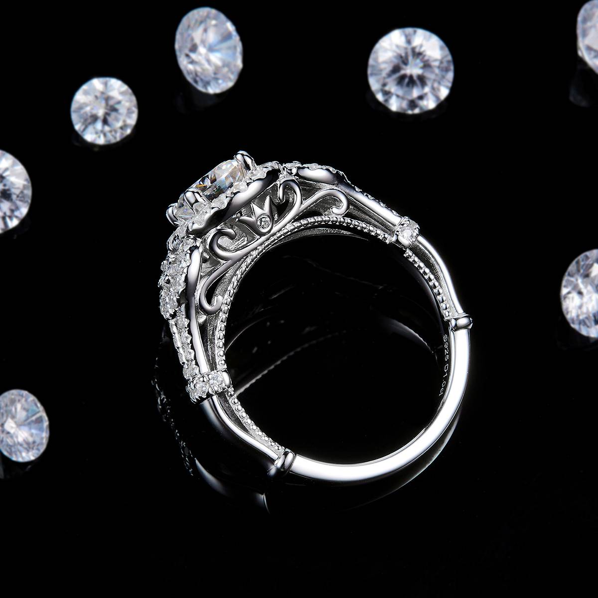 Y-shaped Light Luxury Round Bag Women's Ring S925 Silver Plated Platinum Customized Selection Main Stone Moissanite 1.0ct/Side Stone Cubic Zirconia