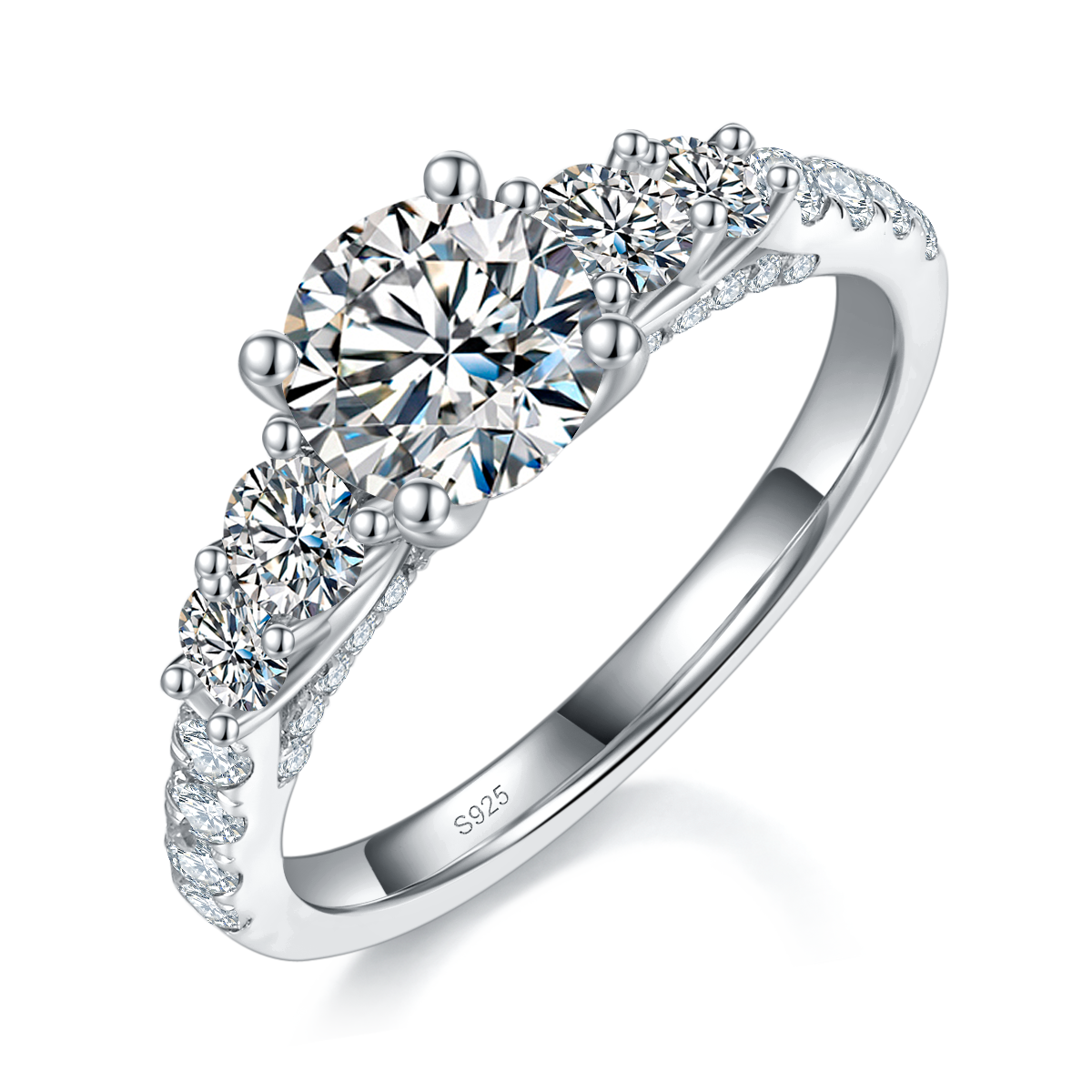 轻奢满钻四爪女戒S925银镀白金定制选款主石莫桑钻1.0ct/副石高碳钻