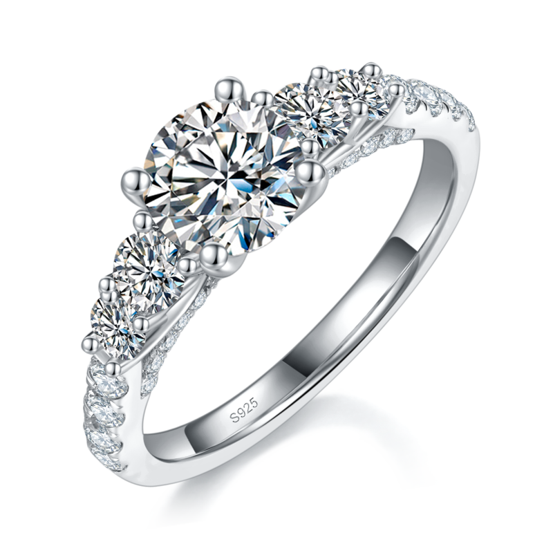Affordable Luxury满钻四爪Women's RingS925银镀白金定制选款主石Moissanite1.0ct/副石高碳钻