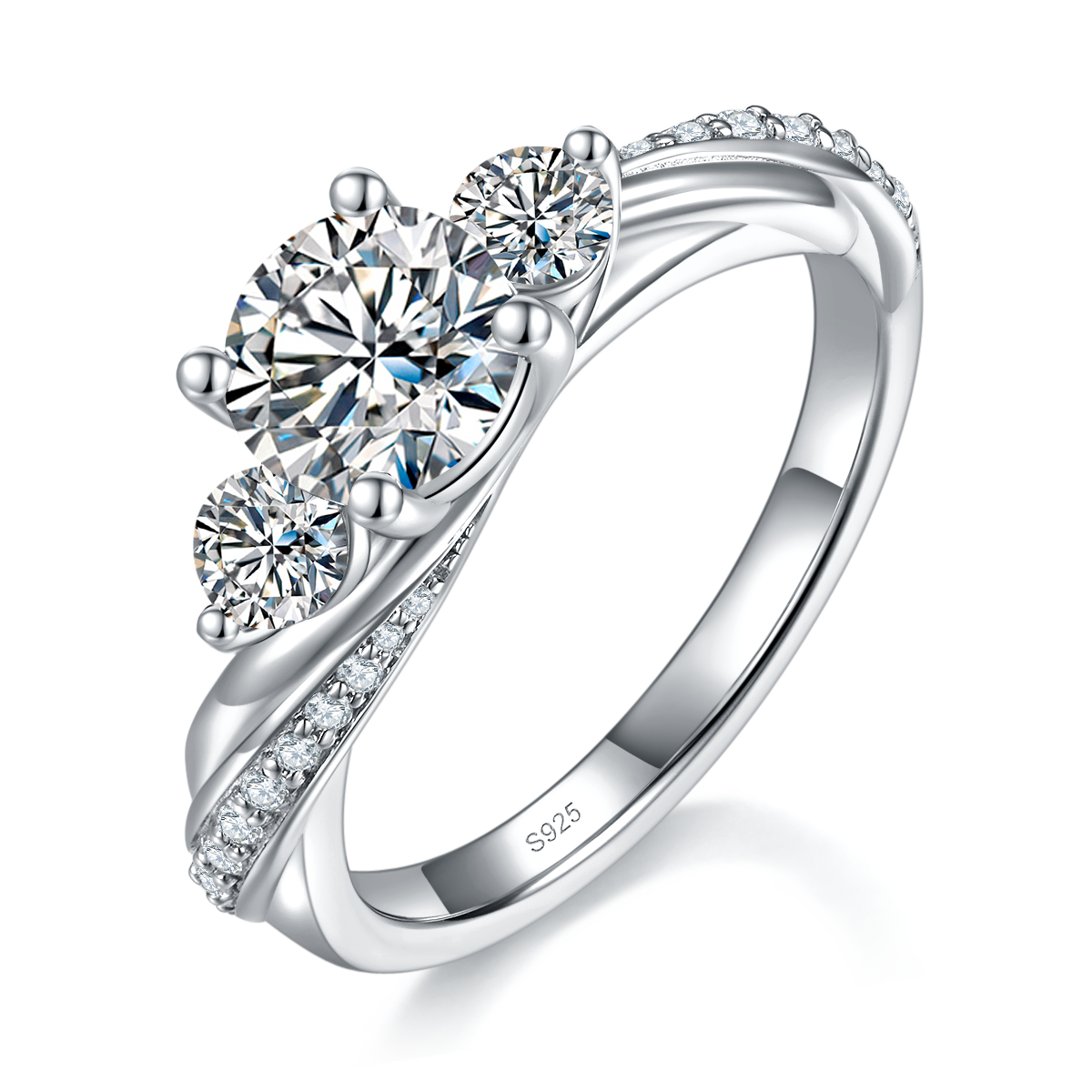 Twisted Arm Three Stone Women's Ring S925 Silver Plated Platinum Customized Selection Main Stone Moissanite 1.0ct/Side Stone Cubic Zirconia