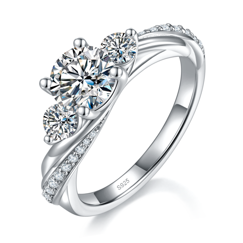 扭臂三石女戒S925银镀白金定制选款主石莫桑钻1.0ct/副石高碳钻