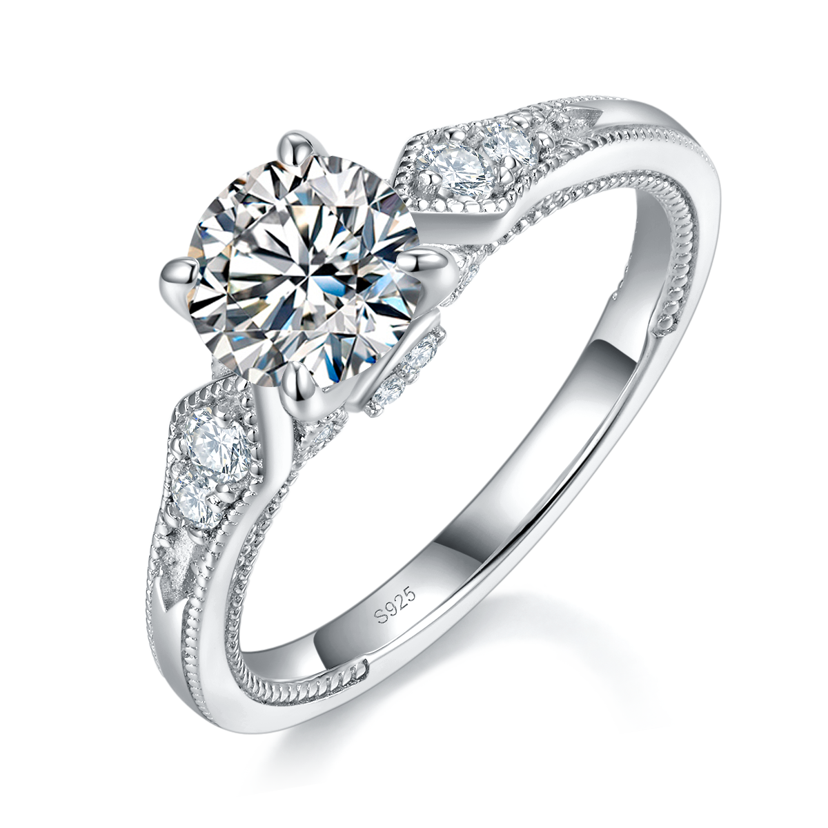 Fashion Four Claw Women's Ring S925 Silver Plated Platinum Customized Selection Main Stone Moissanite 1.0ct/Side Stone Cubic Zirconia
