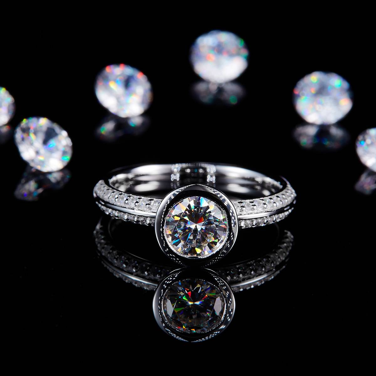 Micro Inlaid Water Bubble Women's Ring S925 Silver Plated Platinum Customized Selection Main Stone Moissanite 1.0ct/Side Stone Cubic Zirconia