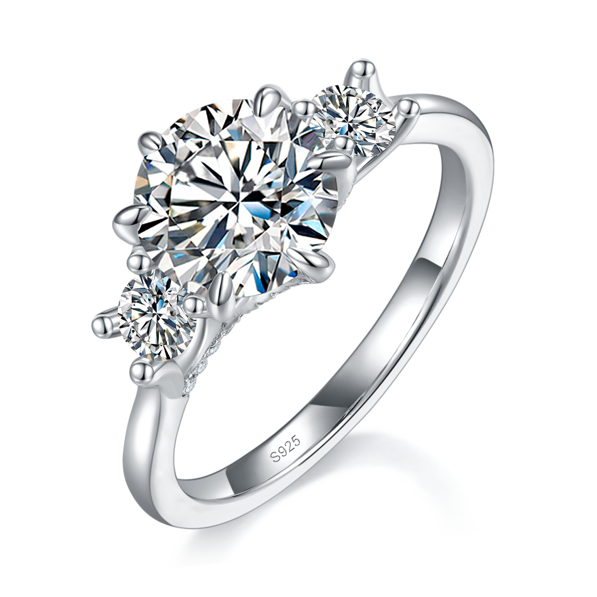 Three Stone Women's Ring S925 Silver Plated Platinum Customized Selection Main Stone Moissanite 2.0ct/Side Stone Cubic Zirconia