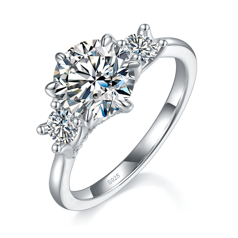 三石款Women's RingS925银镀白金定制选款主石Moissanite2.0ct/副石高碳钻