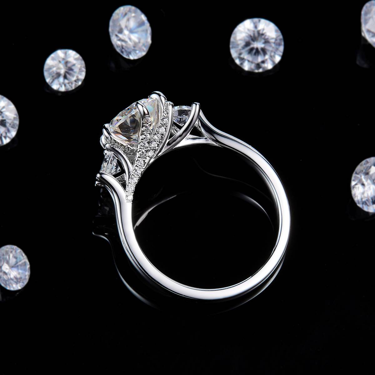 Three Stone Women's Ring S925 Silver Plated Platinum Customized Selection Main Stone Moissanite 2.0ct/Side Stone Cubic Zirconia