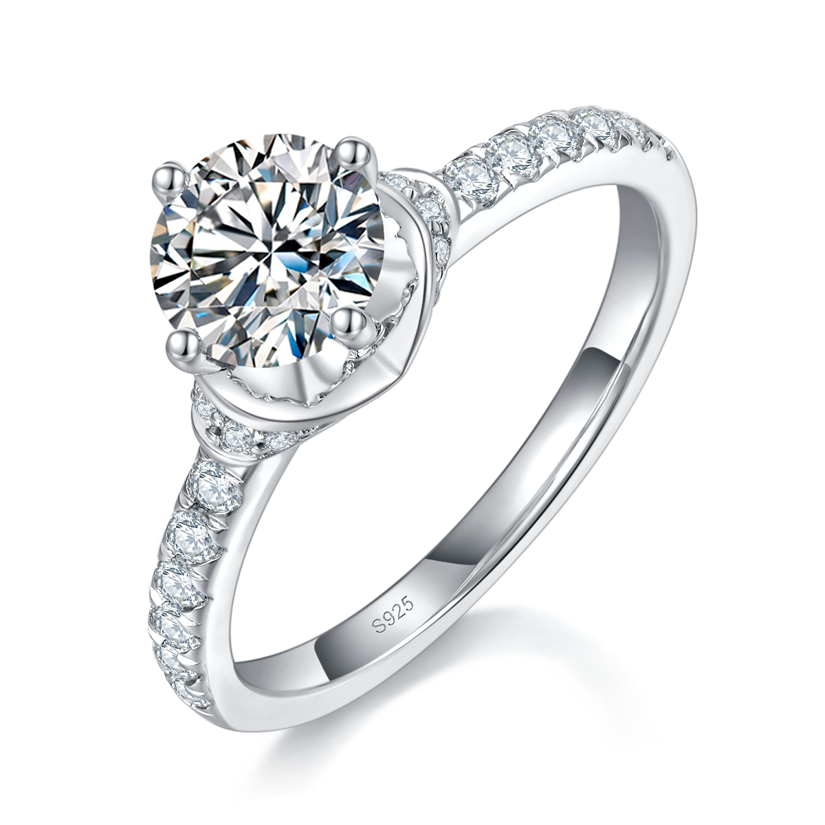 轻奢四爪女戒S925银镀白金定制选款主石莫桑钻1.0ct/副石高碳钻