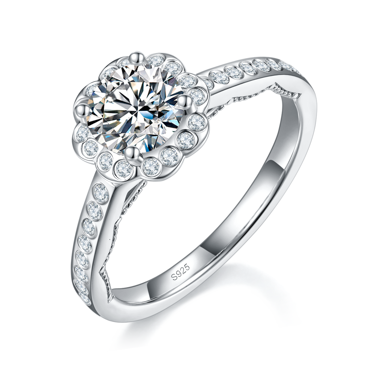 太阳花女戒S925银镀白金定制选款主石莫桑钻1.0ct/副石高碳钻