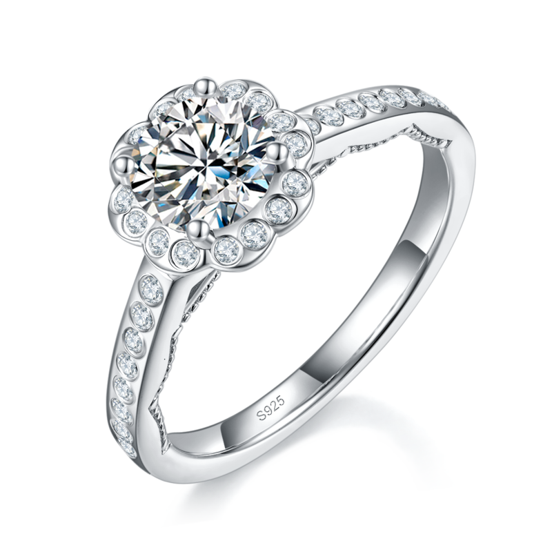 太阳花Women's RingS925银镀白金定制选款主石Moissanite1.0ct/副石高碳钻