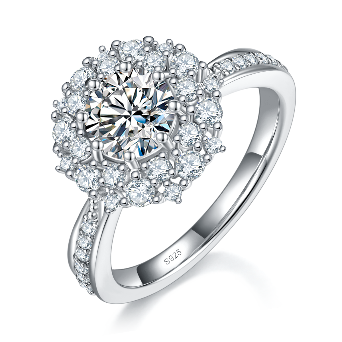 轻奢太阳花女戒S925银镀白金定制选款主石莫桑钻1.0ct/副石高碳钻