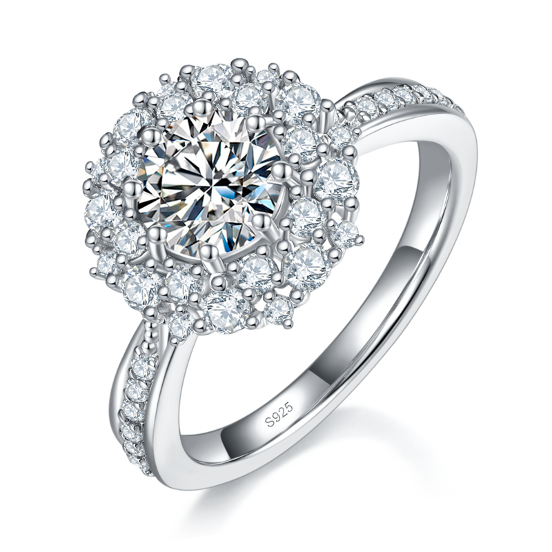 Affordable Luxury太阳花Women's RingS925银镀白金定制选款主石Moissanite1.0ct/副石高碳钻