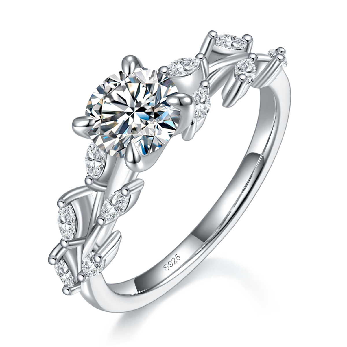 Fashion Four Claw Women's Ring S925 Silver Plated Platinum Customized Selection Main Stone Moissanite 1.0ct/Side Stone Cubic Zirconia