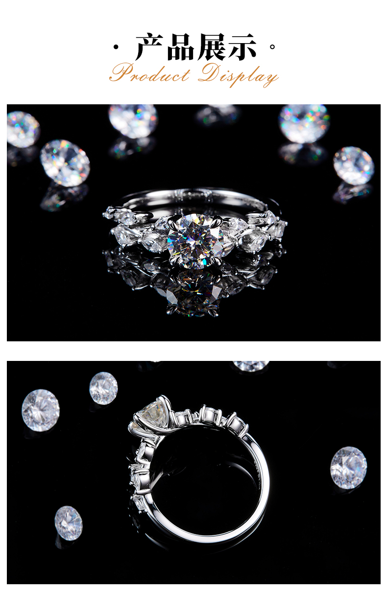 时尚四爪女戒S925银镀白金定制选款主石莫桑钻1.0ct/副石高碳钻 - 3