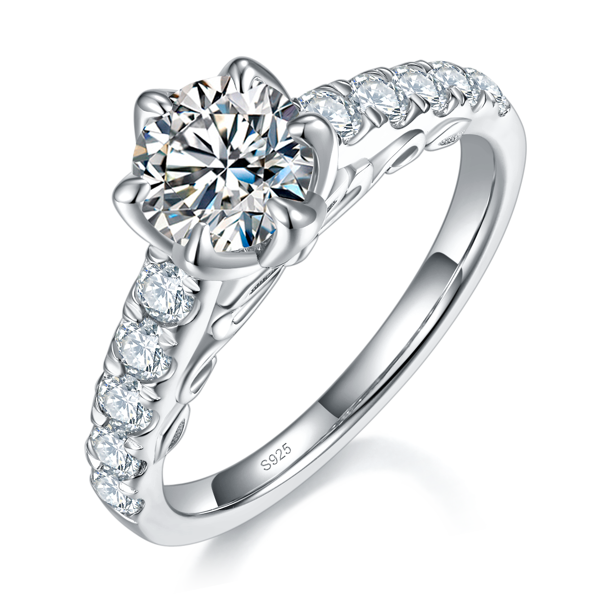 Petal Six Claw Women's Ring S925 Silver Plated Platinum Customized Selection Main Stone Moissanite 1.0ct/Side Stone Cubic Zirconia