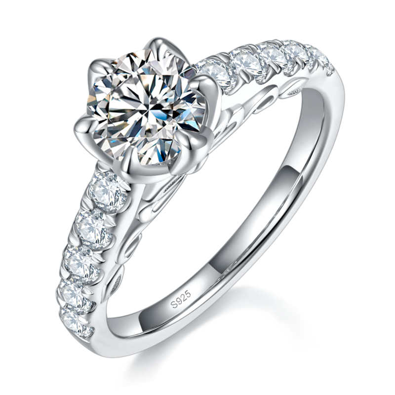 花瓣六爪Women's RingS925银镀白金定制选款主石Moissanite1.0ct/副石高碳钻