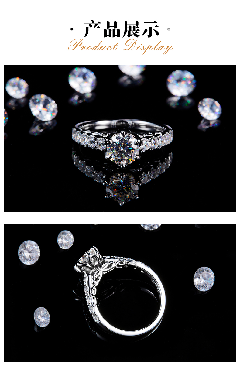 花瓣六爪女戒S925银镀白金定制选款主石莫桑钻1.0ct/副石高碳钻 - 3