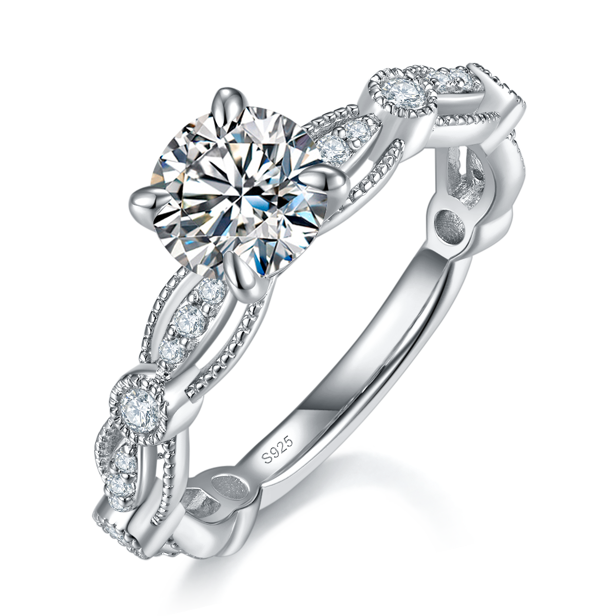轻奢四爪女戒S925银镀白金定制选款主石莫桑钻1.0ct/副石高碳钻