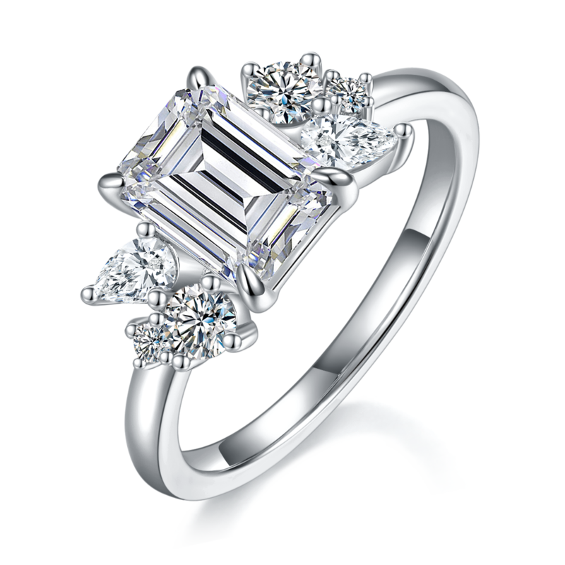 祖母绿切割Women's RingS925银镀白金定制选款主石Moissanite2.0ct/副石高碳钻