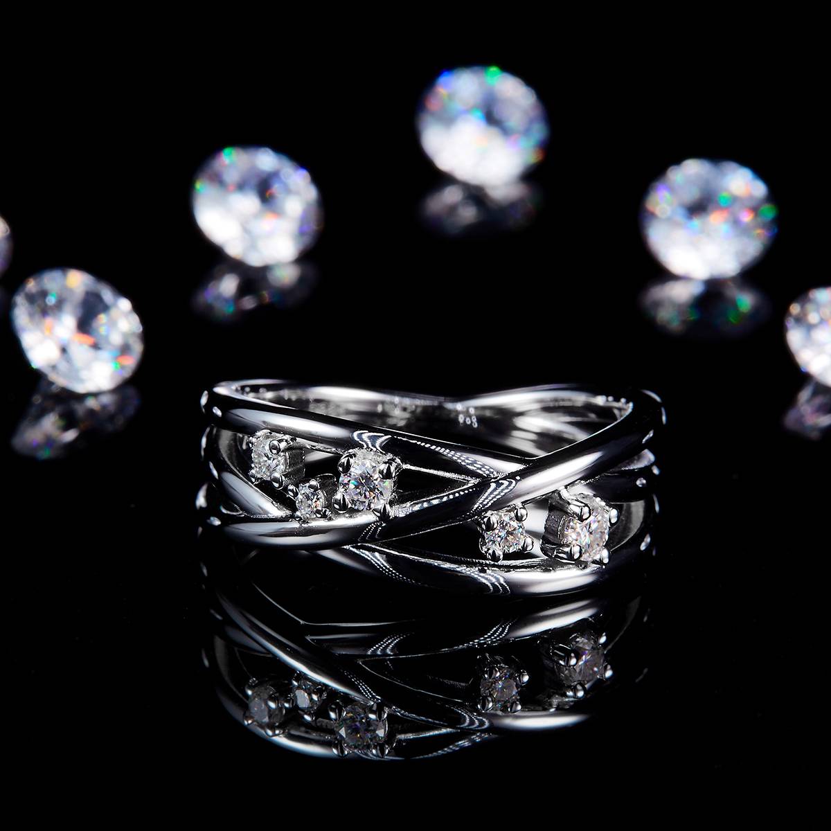 简约排戒S925银镀白金定制选款副石莫桑钻0.165ct