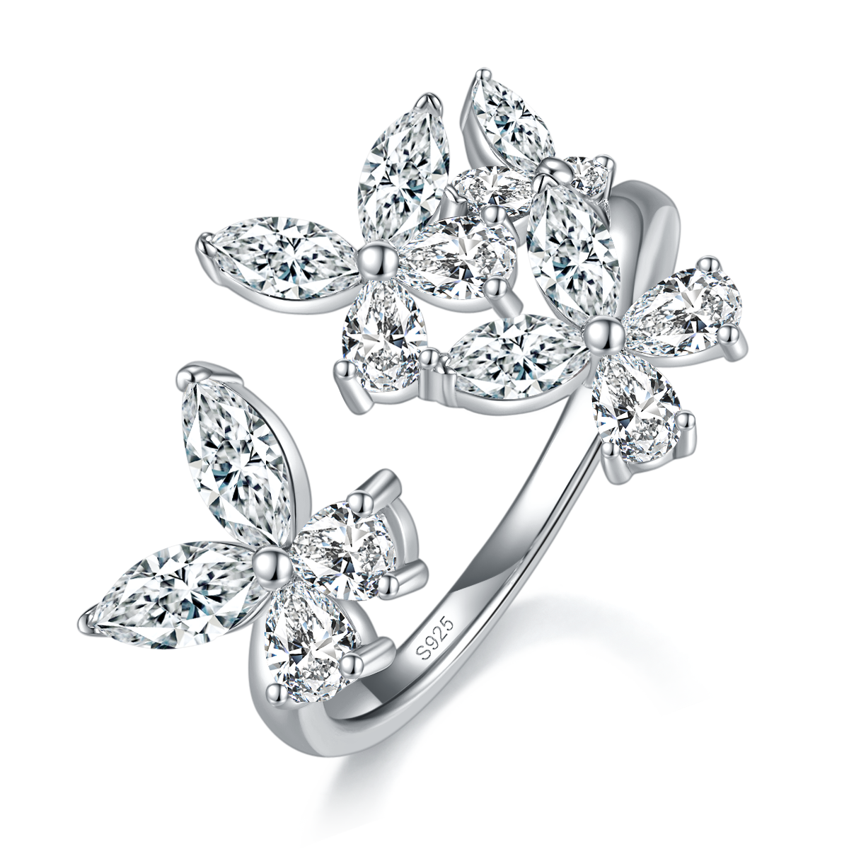 花朵开口女戒S925银镀白金定制选款副石莫桑钻1.04ct