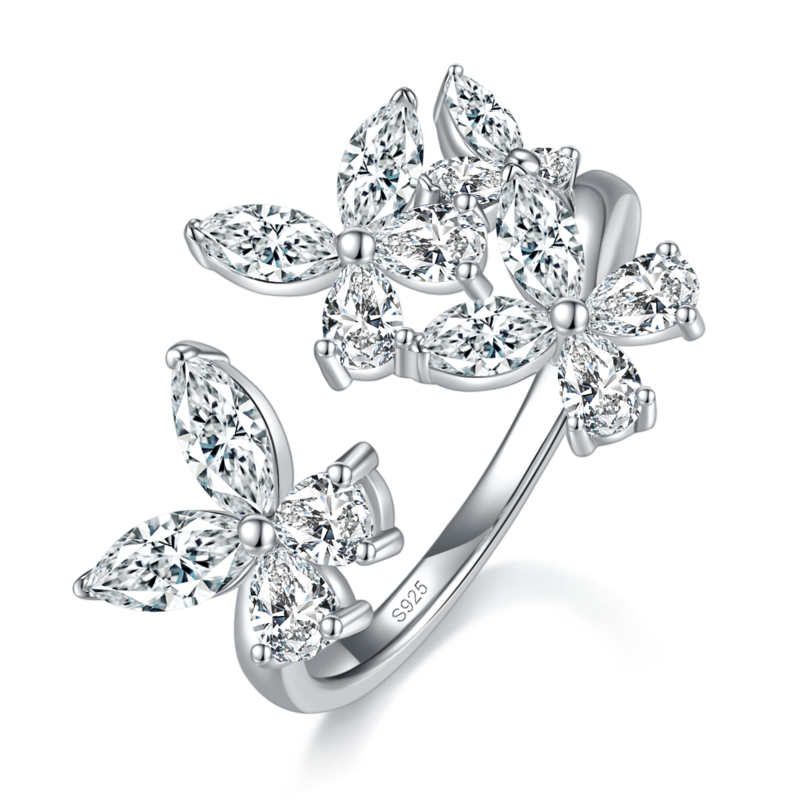 花朵开口Women's RingS925银镀白金定制选款副石Moissanite1.04ct