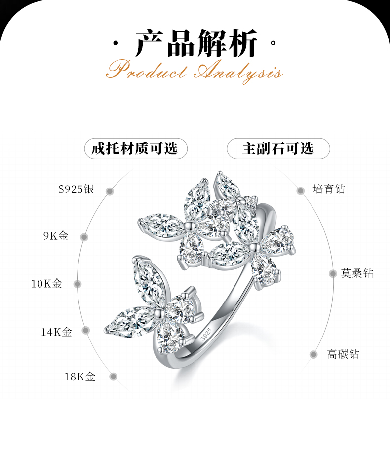 花朵开口女戒S925银镀白金定制选款副石莫桑钻1.04ct - 2
