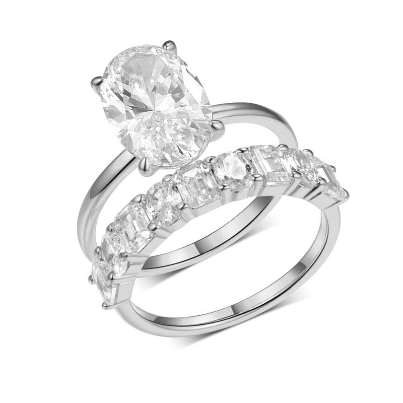 MR0165款S25银镀18K黄金蛋形莫桑钻豪华女套戒主石4.5ct/12*8mm