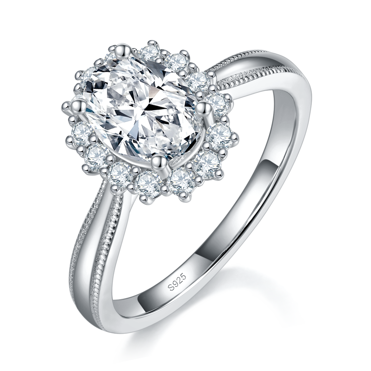 蛋形圆包女戒S925银镀白金定制选款主石莫桑钻1.0ct/副石高碳钻