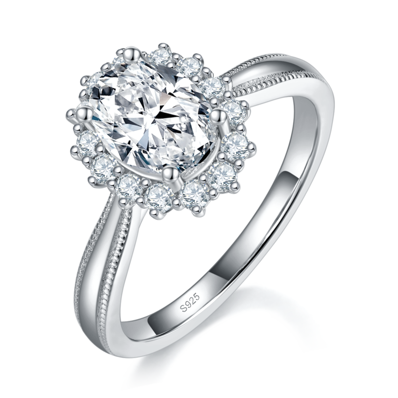 蛋形圆包女戒S925银镀白金定制选款主石莫桑钻1.0ct/副石高碳钻