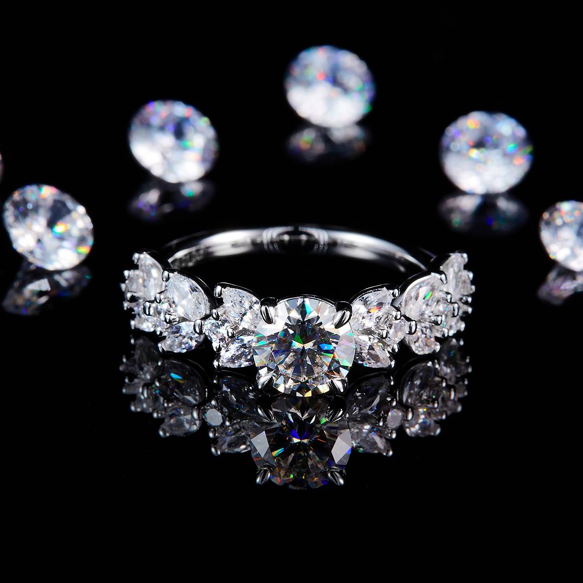 Marquis Diamond Irregular Arm Women's Ring S925 Silver Plated Platinum Customized Selection Main Stone Moissanite 1.0ct/Side Stone Cubic Zirconia