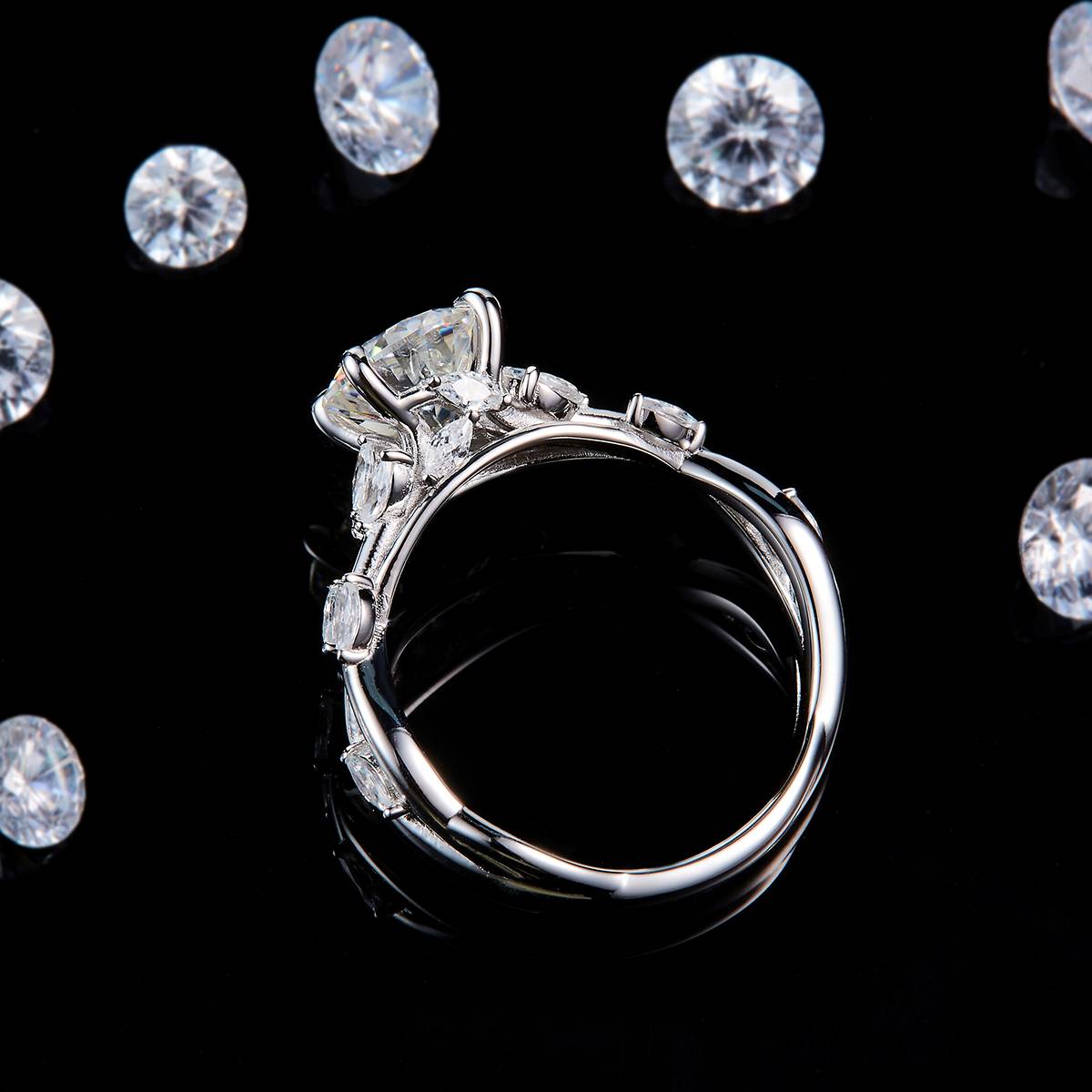 Marquis Vine Diamond Ring S925 Silver Plated Platinum Customized Selection Main Stone Moissanite 1.5ct/Side Stone Cubic Zirconia