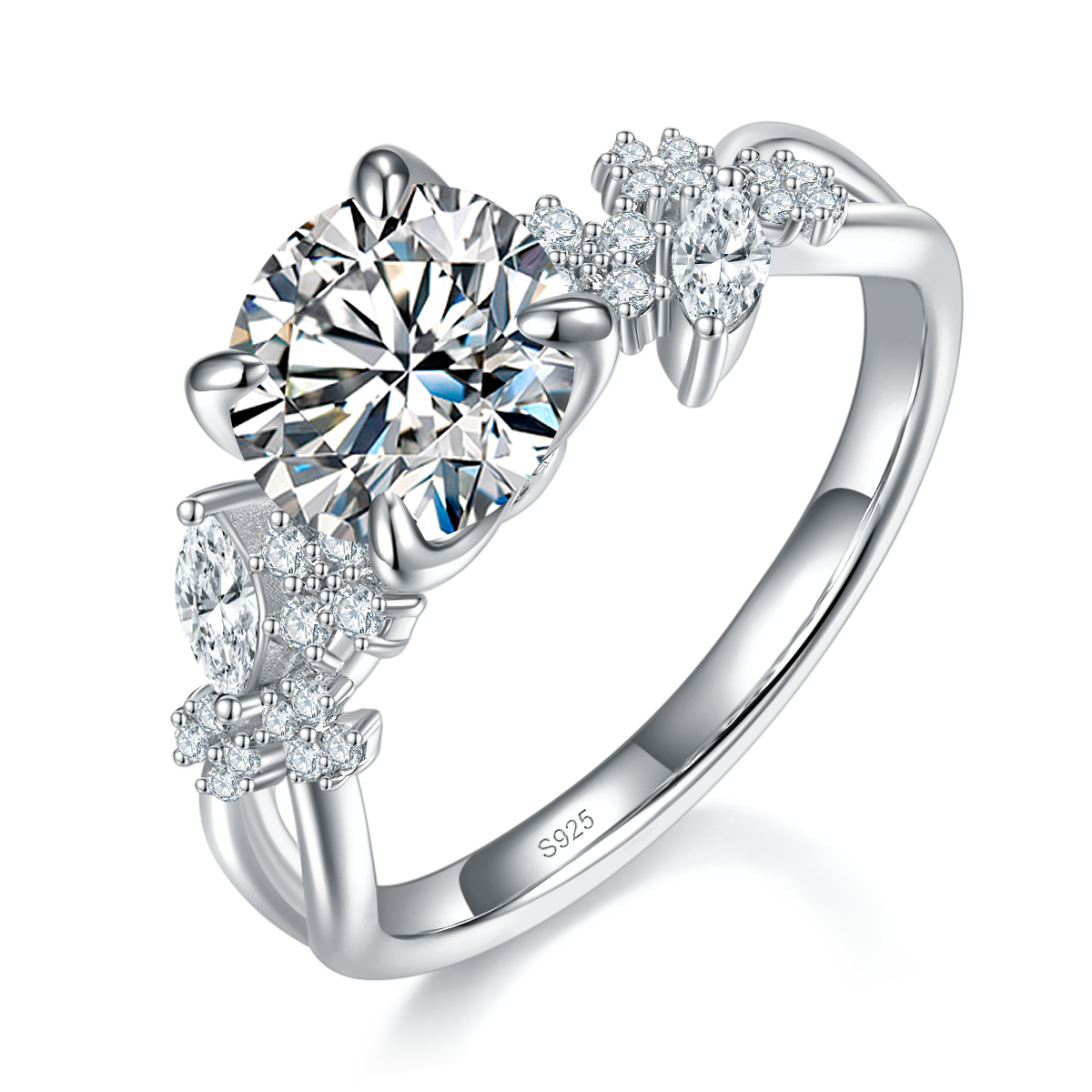 Light Luxury Four Claw Women's Ring S925 Silver Plated Platinum Customized Selection Main Stone Moissanite 1.5ct/Side Stone Cubic Zirconia