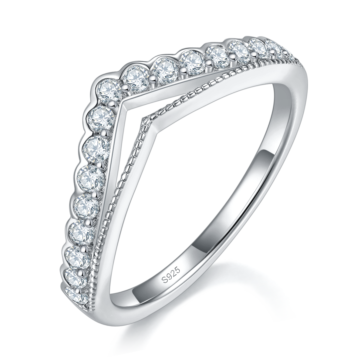 V形双排排戒S925银镀白金定制选款副石莫桑钻0.34ct