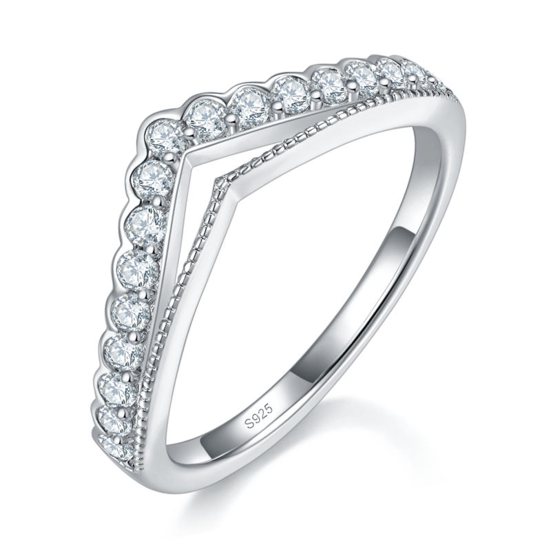 V形双排排戒S925银镀白金定制选款副石莫桑钻0.34ct