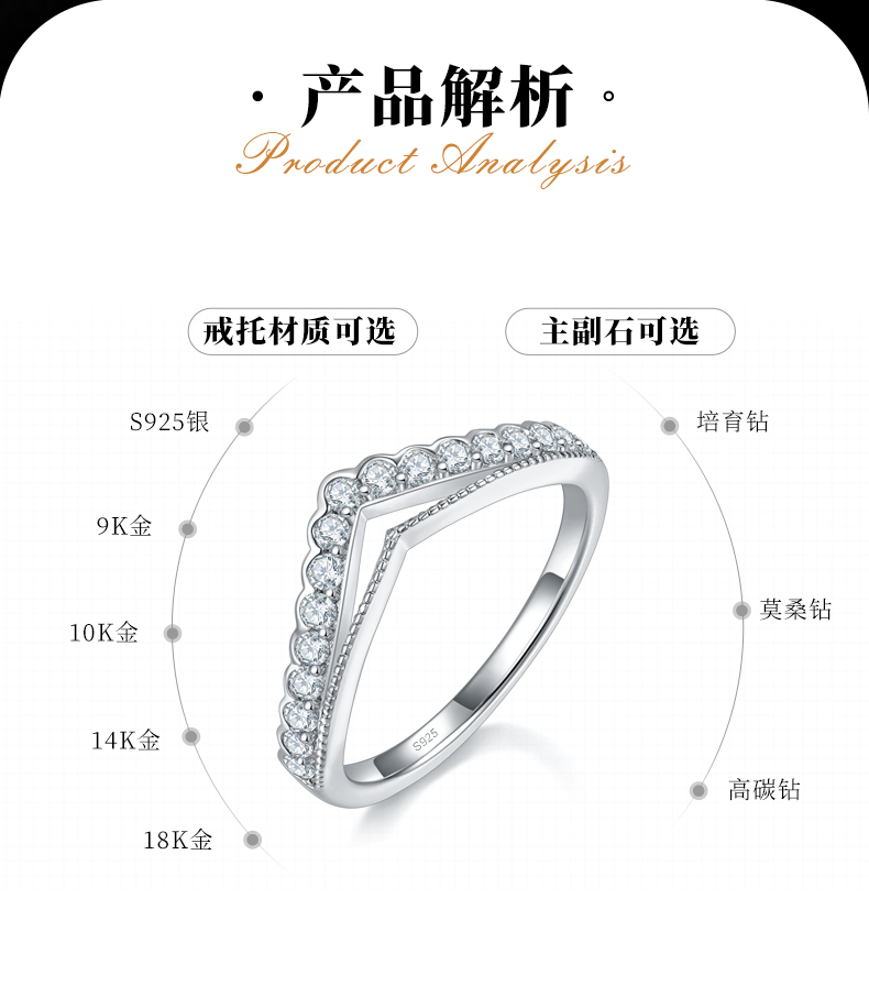 V形双排排戒S925银镀白金定制选款副石莫桑钻0.34ct - 2