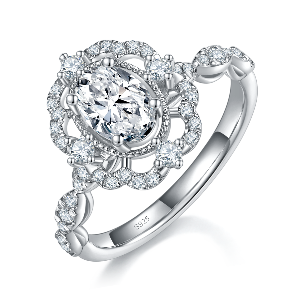 Simple and stylish oval round women's ring S925 silver plated white gold custom selection main stone Moissanite 1.0ct/Side Stone Cubic Zirconia