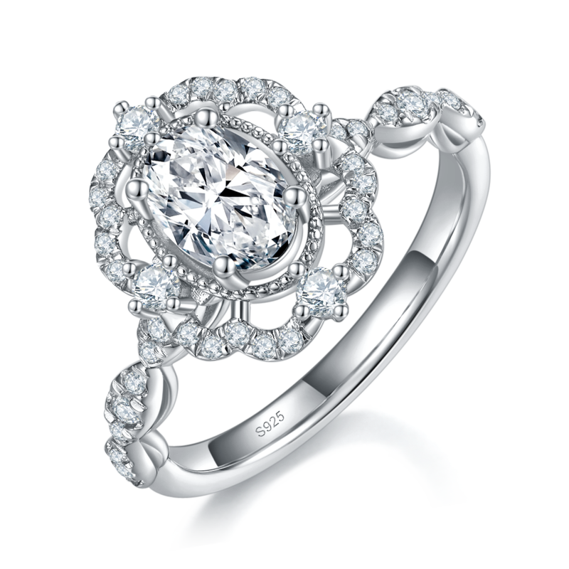 简约Fashion椭圆形Women's RingS925银镀白金定制选款主石Moissanite1.0ct/副石高碳钻
