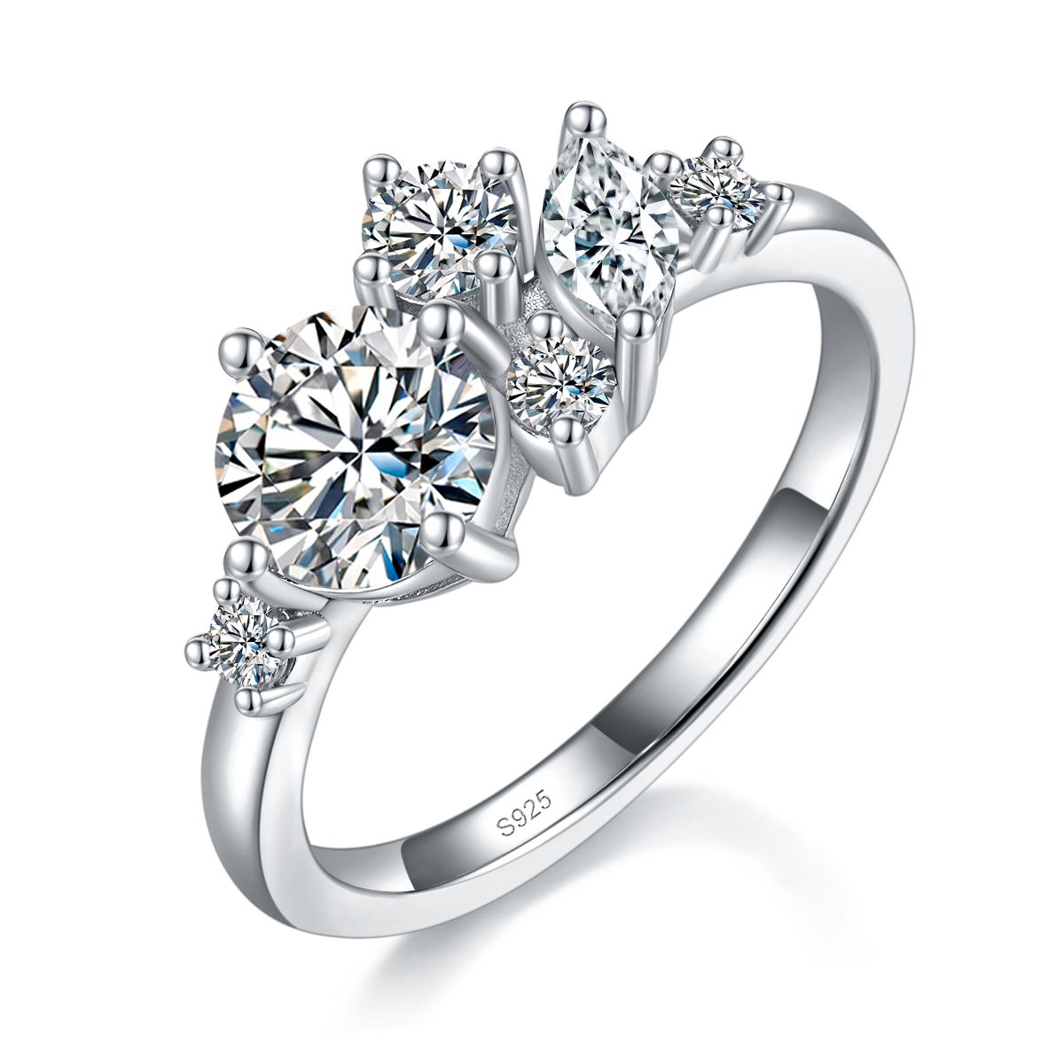 轻奢女戒S925银镀白金定制选款主石莫桑钻1.0ct/副石高碳钻