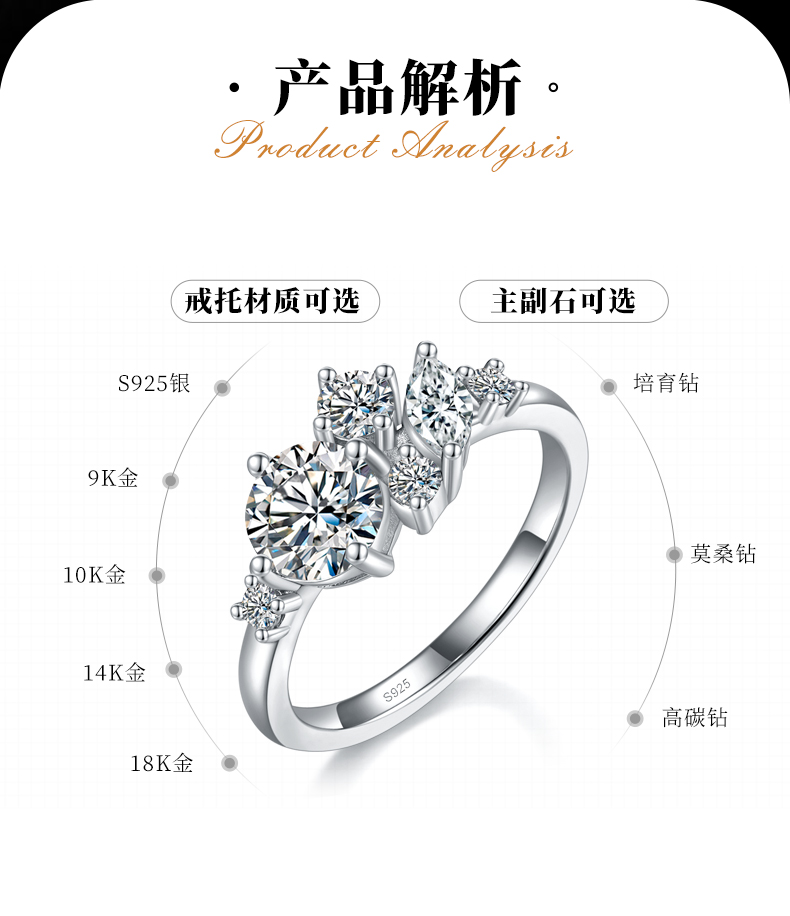 轻奢女戒S925银镀白金定制选款主石莫桑钻1.0ct/副石高碳钻 - 2