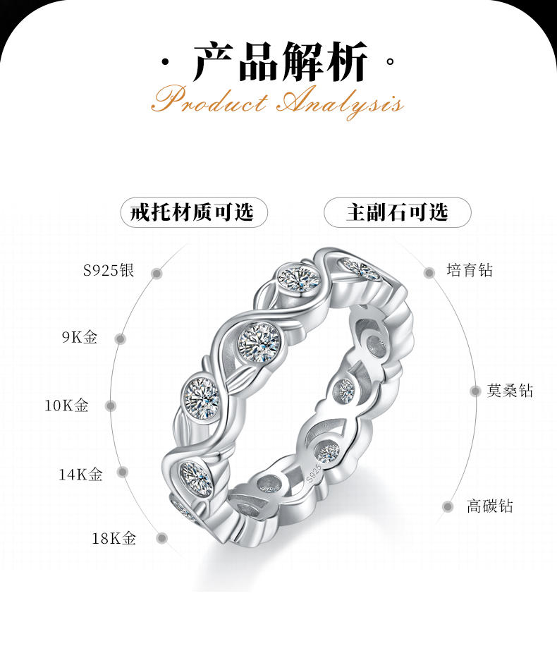 藤枝扭臂排戒S925银镀白金定制选款副石莫桑钻0.9ct - 2