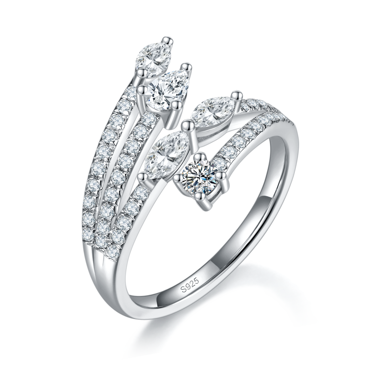 Customized Side Stone Moissanite 1.37ct with S925 silver plated platinum and irregular diamond ring